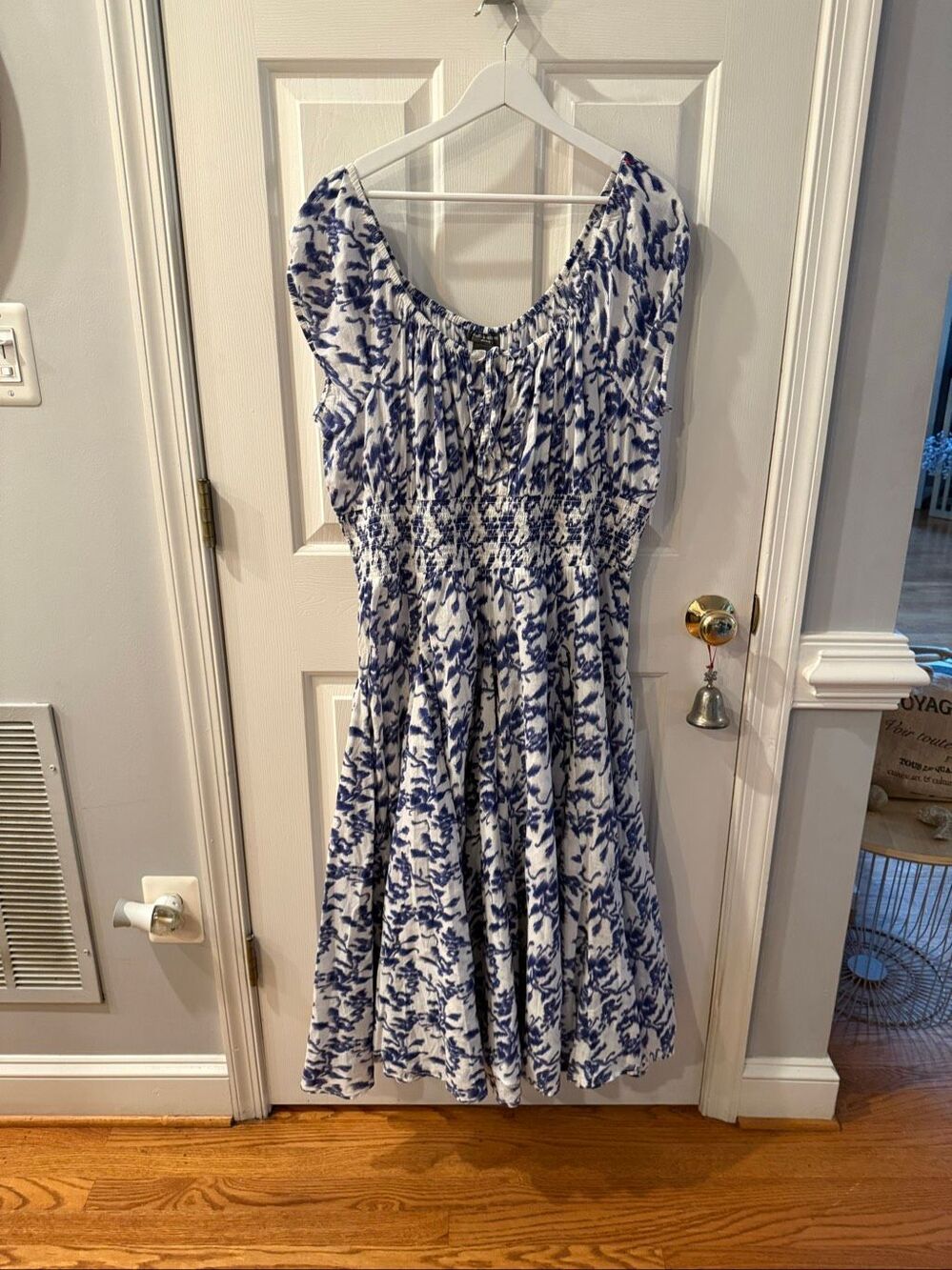 Chelsea & Theodore White & Blue Ikat Full Skirt Short Sleeve Maxi Dress sz 2X EU